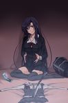  3u bag black_eyes black_hair blood cat's_cradle cellphone clothes clothes_on_floor katsura_kotonoha knife long_hair phone red_string school_days school_uniform sitting skirt solo string thighhighs very_long_hair weapon yandere yokozuwari zettai_ryouiki 