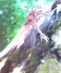 copyright_request forest glowing green_eyes highres long_hair nature pink_hair smile solo ssi tree 