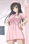  1girl angry artist_request black_hair blush breasts brown_eyes character_request highres hospital indoors kotegawa_yui large_breasts long_hair nurse pink solo to_love-ru toloveru 