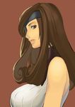  1girl bare_shoulders beatrix black_eyes breasts brown_hair curly_hair eyepatch female final_fantasy final_fantasy_ix ishiima long_hair simple_background solo 