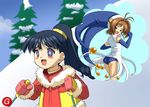  2girls ass black_hair blue_eyes blue_hat blush_stickers brown_hair cardcaptor_sakura child commentary daidouji_tomoyo daikinbakuju goldsickle green_eyes grin hat kinomoto_sakura long_hair multiple_girls parody ponytail short_hair skis smile snow stupid_sexy the_simpsons yuri 