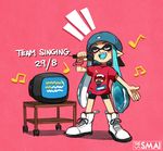 artist_name bad_id bad_tumblr_id baseball_cap beamed_eighth_notes bike_shorts blue_hair blush blush_stickers closed_eyes commentary dated domino_mask eighth_note eyebrows fangs hat inkling karaoke long_hair mask music musical_note open_mouth quarter_note sami_briggs shoes singing sneakers solo splatoon_(series) splatoon_1 television tentacle_hair thick_eyebrows 