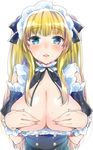  blonde_hair blue_eyes blush breast_hold breasts covering covering_breasts detached_sleeves hair_ribbon large_breasts long_hair maid maid_headdress original ribbon solo upper_body wrist_cuffs yu_yu 