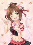  ;d animal_ears bad_id bad_pixiv_id breasts brown_hair cat_ears cat_tail fang french_maid frills green_eyes head_tilt highres idolmaster idolmaster_cinderella_girls maekawa_miku medium_breasts midriff one_eye_closed open_mouth over_the_collar paw_pose paw_print short_hair skirt smile solo tail 