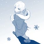  anastasia_(idolmaster) boots commentary_request from_above from_side full_body highres holding hood hoodie hot_drink idolmaster idolmaster_cinderella_girls looking_at_viewer looking_up monochrome pantyhose short_hair simple_background smile snow snowflakes snowing solo steam sweater tocky walking 