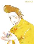  1boy brown_hair butterfly male_focus one_piece pompadour simple_background solo thatch 