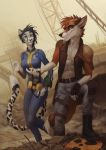  2019 5_fingers anthro black_hair black_nose blue_eyes breasts canine cheetah clothed clothing detailed_background digital_media_(artwork) duo feline female fox hair male mammal midriff navel orphen-sirius smile teeth 