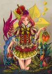  commentary crown dress flower hair_flower hair_ornament heart quarterly_pixiv_7_free red_hair red_pupils soffa solo yellow_eyes 