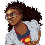  1girl brown_eyes dark_skin dc_comics earrings glasses illumistrations jewelry red-framed_glasses s_shield simple_background solo supergirl superman_(series) white_background 