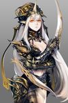  breasts cleavage drawcrowd_sample dual_wielding ear_covers gauntlets grey_background ha_tav helmet highres holding image_sample long_hair medium_breasts midriff mismatched_legwear navel orange_eyes pointy_ears red_eyes simple_background solo sword very_long_hair weapon white_hair 