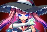  ashuri_(rabi-ribi) blue_eyes breasts cleavage dream_demon frown gloves glowing glowing_eyes hat lipstick long_hair looking_at_viewer makeup medium_breasts purple_hair purple_lipstick rabi-ribi solo star twintails upper_body white_gloves witch witch_hat 