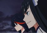  black_hair blue_eyes blush eyebrows hair_ornament hairclip kill_la_kill kiryuuin_satsuki looking_at_another matoi_ryuuko multicolored_hair multiple_girls official_art smile streaked_hair sushio thick_eyebrows 