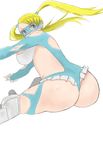  1girl artist_request ass bare_shoulders blonde_hair blue_eyes breasts hip_attack leotard long_hair looking_back mask rainbow_mika simple_background solo street_fighter street_fighter_v thong thong_leotard twintails 