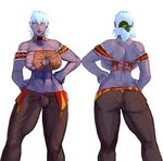  aka6 big_breasts breasts bulge butt choker cleavage clothed clothing futa_solo hair hand_on_hip intersex navel pointy_ears purple_skin skindentation standing white_hair yellow_eyes 