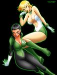  alien arisia_rrab blonde_hair boots breasts cleavage dc_comics gloves green_eyes green_lantern green_lantern_(series) green_shoes multiple_girls red_skin ring shoes simple_background soranik_natu 