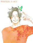  1boy butterfly freckles male_focus one_piece portgas_d_ace simple_background smile solo 