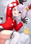  &gt;_o 1girl ;d ame. animal arm_up azur_lane bird black_gloves black_panties blush chick commentary_request electricity fang fur-trimmed_sleeves fur_trim gloves hair_ornament hand_up headgear highres jacket long_hair long_sleeves looking_at_viewer one_eye_closed open_mouth panties purple_eyes red_jacket ribbon-trimmed_legwear ribbon_trim silver_hair smile snow solo tail thighhighs two_side_up underwear universal_bullin_(azur_lane) white_legwear 