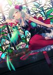 achiki bare_shoulders bird birdcage cage character_request dutch_angle flower grey_hair hair_flower hair_ornament looking_at_viewer parted_lips red_eyes red_legwear sitting skirt smile solo stained_glass thighhighs 