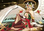  aka6 angel archangel blonde_hair blue_eyes clothed clothing costume exposing flaccid hair halo happy intersex legwear penis puzzle_&amp;_dragons sanctuary_guardian_archangel sitting smile sock_on_penis solo stockings tights video_games wings 