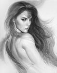  circlet dawn_of_justice dc_comics dccu gal_gadot gradient gradient_background long_hair looking_back monochrome over_shoulder portrait realistic solo stanley_lau strapless wonder_woman wonder_woman_(series) 