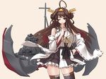  ahoge bare_shoulders blush breasts brown_hair cannon commentary_request detached_sleeves double_bun finger_to_mouth hair_ornament hairband hand_on_hip hayama_kazusa headgear japanese_clothes kantai_collection kongou_(kantai_collection) large_breasts long_hair looking_at_viewer nontraditional_miko one_eye_closed ribbon-trimmed_sleeves ribbon_trim skirt smile solo thighhighs zettai_ryouiki 