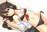  bikini blue_eyes braid breasts brown_hair cleavage cowboy_shot hair_flaps hair_ornament kantai_collection looking_at_viewer lying navel on_back on_side remodel_(kantai_collection) shigure_(kantai_collection) side-tie_bikini single_braid small_breasts smile solo swimsuit taishi_(moriverine) thigh_gap wet wet_clothes wet_swimsuit 