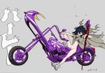  black_hair bottomless bousouzoku cloak dated from_side grey_background ground_vehicle hand_on_hilt kill_la_kill leaning looking_at_viewer matoi_ryuuko motor_vehicle motorcycle multicolored_hair naked_cloak navel official_art riding scissor_blade shoes short_hair simple_background sneakers solo streaked_hair sushio 