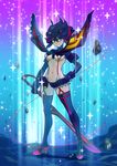  2go black_hair blue_eyes boots breasts cleavage full_body gloves gradient gradient_background hand_on_hip high_heel_boots high_heels holding holding_weapon kill_la_kill matoi_ryuuko miniskirt navel revealing_clothes scissor_blade senketsu short_hair showgirl_skirt skirt solo stomach striped_background thigh_boots two-tone_hair underboob weapon 
