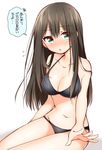  bikini black_bikini blush breasts brown_hair chestnut_mouth flying_sweatdrops green_eyes idolmaster idolmaster_cinderella_girls large_breasts long_hair shibuya_rin solo swimsuit translated tsukudani_norio 