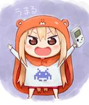  :d arms_up blonde_hair blush brown_eyes character_name chibi commentary_request doma_umaru game_boy hamster_costume handheld_game_console himouto!_umaru-chan hiro1984 hood komaru long_hair looking_at_viewer open_mouth smile solo space_invaders tetris 