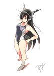  adjusting_clothes adjusting_swimsuit black_hair competition_swimsuit headgear kantai_collection long_hair md5_mismatch nagato_(kantai_collection) onaya_masakazu one-piece_swimsuit red_eyes solo standing swimsuit 