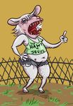  &lt;3 caprine chubby clothing female fence jorts mammal muffin_top navel open_mouth reaction_image sheep shirt shorts sickeleye solo 