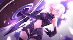  armor elbow_gloves fate/grand_order fate_(series) gloves hair_over_one_eye hei_tong_shi highres mash_kyrielight midriff navel purple_eyes purple_hair shield short_hair solo 