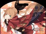  2015 aqua_eyes bangs black_ribbon blush brown_gloves cape clarisse_(granblue_fantasy) copyright_name gloves granblue_fantasy hair_ribbon hood kujou_ichiso light_brown_hair long_hair ponytail ribbon sidelocks smile solo 