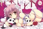  bed bow breast_squeeze breasts brown_eyes choker cleavage collar flower frilled_panties frills garter_straps hair_flower hair_ornament highres kawai_maria large_breasts lying navel on_side on_stomach panties pink_hair pointy_ears smile solo stuffed_animal stuffed_panda stuffed_toy underwear white_panties 