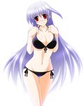  &gt;:) bikini blue_hair breasts cleavage engo_(aquawatery) front-tie_top highres huge_breasts long_hair looking_at_viewer lyrical_nanoha mahou_shoujo_lyrical_nanoha mahou_shoujo_lyrical_nanoha_a's navel red_eyes reinforce side-tie_bikini smile solo swimsuit thigh_gap v-shaped_eyebrows very_long_hair 