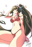 bikini breasts brown_eyes brown_hair cleavage dated kantai_collection large_breasts long_hair md5_mismatch onaya_masakazu petals ponytail simple_background solo swimsuit very_long_hair white_background yamato_(kantai_collection) 