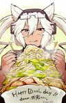  black_nails bowl chopsticks commentary_request dark_skin eating english eyewear_on_head food glasses happy_birthday ikeshita_moyuko kantai_collection musashi_(kantai_collection) nail_polish pointy_hair rice_bowl solo translation_request two_side_up white_hair 