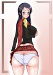  ass blue_eyes blue_hair blush border breasts butt_crack cape female final_fantasy final_fantasy_type-0 from_behind glasses gradient gradient_background large_breasts long_hair miniskirt panties queen_(fft-0) shijima_(pixiv1182172) shiny shiny_skin sideboob skirt skirt_lift smile solo underwear upskirt white_panties 