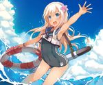  arm_up armpits blonde_hair blue_eyes blush cloud covered_navel crop_top crop_top_overhang day flower hair_flower hair_ornament kantai_collection leaning_forward lifebuoy long_hair natsu_narumi one-piece_swimsuit open_mouth ro-500_(kantai_collection) school_swimsuit sky smile solo swimsuit tan tanline torpedo wading water waves waving 