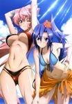  absurdres artist_request bikini blue_hair breasts cleavage cloud day hand_on_hip highres kazanari_tsubasa large_breasts layered_bikini leaning_forward long_hair maria_cadenzavna_eve multiple_girls non-web_source nyantype official_art one_eye_closed pink_hair ponytail sarong senki_zesshou_symphogear sky small_breasts stretch swimsuit underboob very_long_hair 