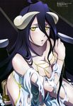 absurdres albedo black_hair breasts cleavage covering covering_breasts feet highres horns large_breasts long_hair maehara_momoko megami non-web_source official_art overlord_(maruyama) solo torn_clothes yellow_eyes 