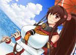  bad_id bad_pixiv_id breasts brown_eyes brown_hair cherry_blossoms cloud commentary_request day desertwaters detached_sleeves flower hair_flower hair_ornament headgear kantai_collection large_breasts long_hair ponytail red_umbrella sky smile solo umbrella very_long_hair yamato_(kantai_collection) 