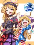  &gt;_&lt; :d ^_^ american_flag_dress american_flag_legwear arms_up bare_shoulders blonde_hair blush blush_stickers chain chibi closed_eyes clothes_writing clownpiece collar commentary dress earth english fang hand_on_another's_head happy hat hecatia_lapislazuli height_difference hemogurobin_a1c jester_cap jumping long_hair moon multicolored multicolored_clothes multicolored_skirt multiple_girls off-shoulder_shirt off_shoulder open_mouth pantyhose petting polos_crown print_dress shirt short_dress skirt smile striped striped_dress touhou very_long_hair xd 