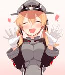  :d anchor_hair_ornament black_ribbon blew_andwhite blonde_hair blush breasts closed_eyes gloves gradient gradient_background hair_between_eyes hair_ornament hair_ribbon hat heart highres kantai_collection large_breasts long_hair long_sleeves military military_uniform open_mouth peaked_cap prinz_eugen_(kantai_collection) ribbon smile solo uniform upper_body white_gloves 