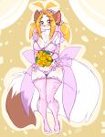  2017 abstract_background anthro armwear biped black_eyebrows blonde_hair blue_eyes blush bouquet bow bra breasts brown_ears brown_tail cat chalo cleavage clothed clothing digital_media_(artwork) dipstick_tail elbow_gloves eyebrows eyelashes feline female fluffy fluffy_tail full-length_portrait fur gloves hair hairband holding_flowers las_lindas legwear lingerie long_tail looking_at_viewer mammal multicolored_tail panties pigtails pink_nose portrait prime_(las_lindas) sarah_silkie simple_background skimpy solo stockings tan_background thigh_gap thigh_highs two_tone_tail underwear white_fur white_tail yellow_sclera 