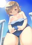  1girl blush breasts brown_hair embarrassed female from_below hair_ribbon looking_down nipples one-piece_swimsuit original outdoors peeing peeing_self railing ribbon school_swimsuit shivu_(mochi) short_hair sky small_breasts solo stairs sun swimsuit swimsuit_pull tears 