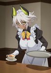  1girl blush breasts cup dark_skin female large_breasts maid shinmai_maou_no_testament smile solo standing white_hair yellow_eyes zest 