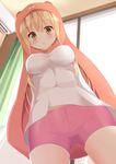  aibumi animal_costume arms_behind_back blonde_hair blush breasts brown_eyes commentary_request doma_umaru from_below hamster_costume highres himouto!_umaru-chan hood long_hair looking_at_viewer looking_down medium_breasts open_mouth shorts solo 