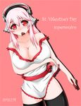  apron bare_shoulders blush breasts chocolate chocolate_heart cleavage commentary_request headphones heart ion_(artist) large_breasts long_hair looking_at_viewer mouth_hold naked_apron nitroplus off_shoulder pink_hair red_eyes smile solo strap_slip super_sonico thighhighs valentine 